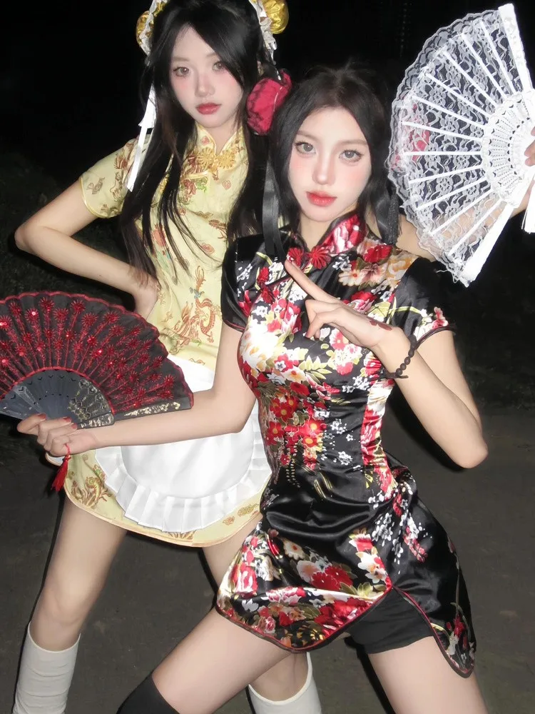 فستان تشيونغسام جديد بالطراز الصيني لحفلات الكريسماس وحفلات التنكر، طقم خادمة لوليتا، ملابس حفلات أنيقة بأكمام قصيرة وياقة مس...