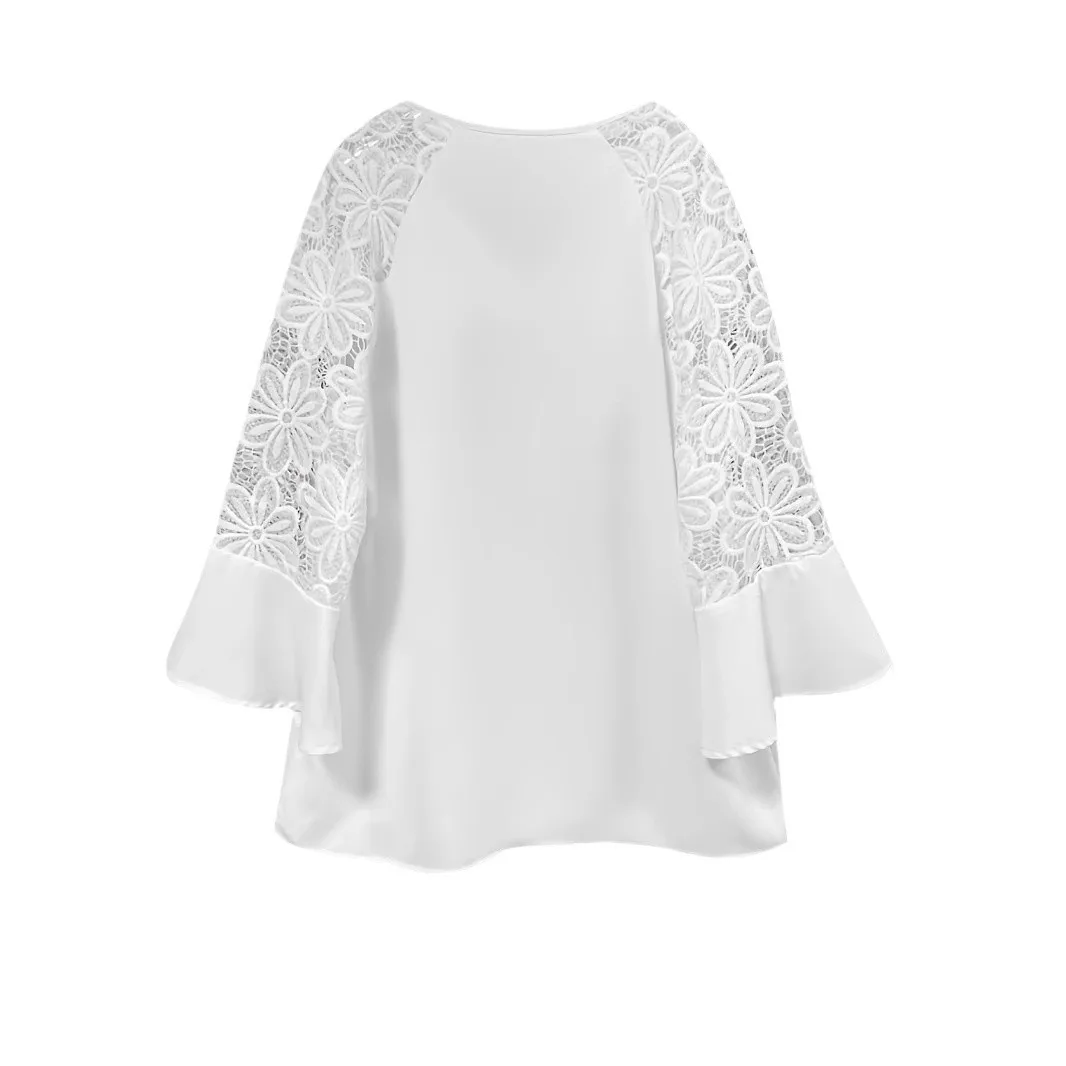 Blusinhas Femininas Roupas Femininas Elegantes パッチワーク タイアップ トップ レディース クォータースリーブ レース ラウンドネック ソリッドカラー シャツ トップ