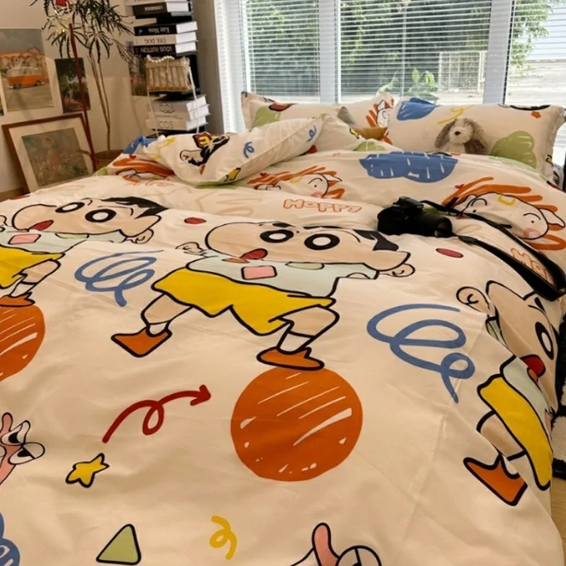 Crayon Shin-chan Bed 3/4pcs Bedding Set Cartoon Anime Cute Student School Dormitory Bed Sheets Set Pillow Case Bedroom Xmas Gift