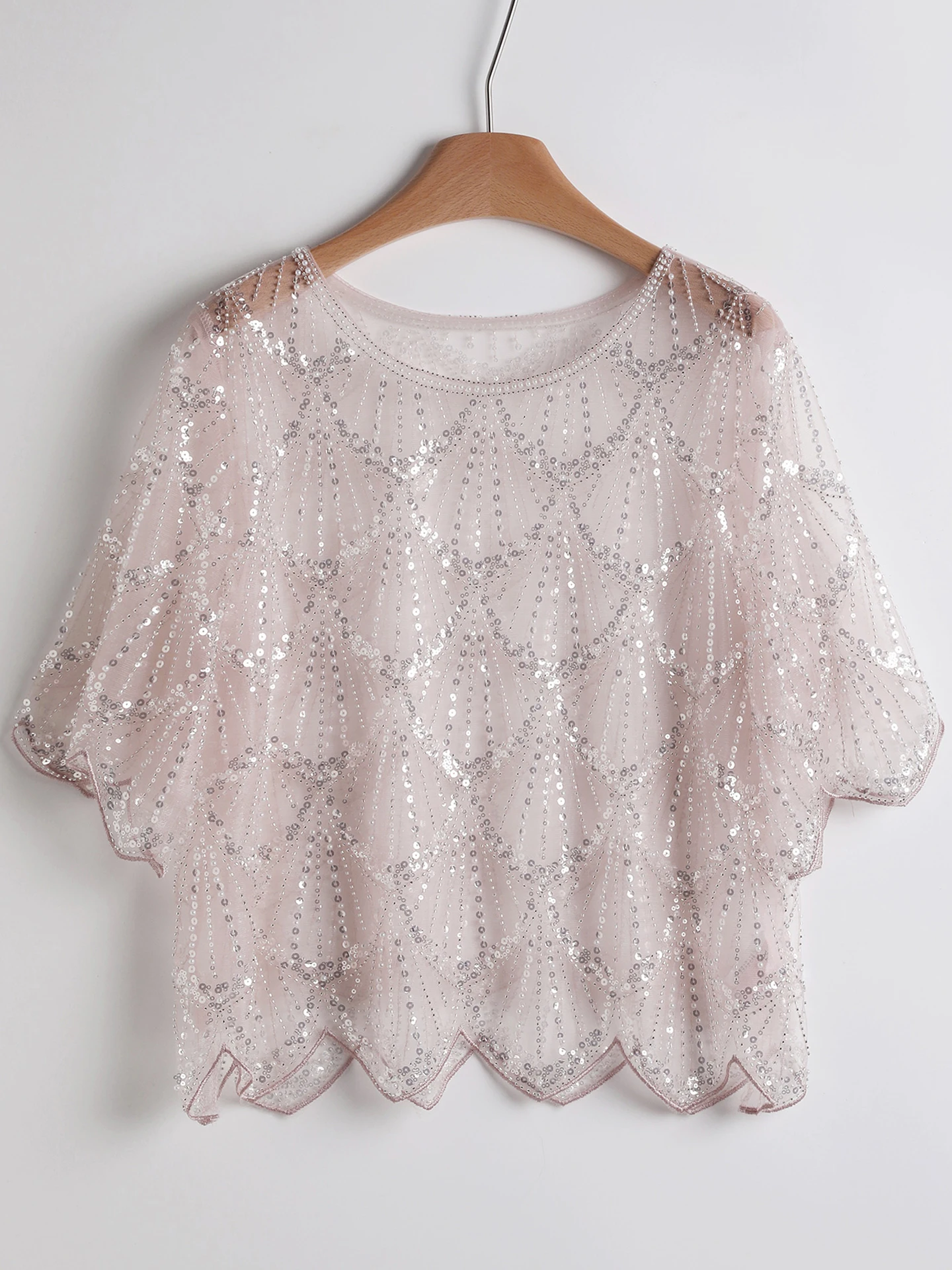 Ladies' Elegant Handmade Pearl Semi Transparent Top - Bright Pink Casual Fashionable Short Sleeved Shirt