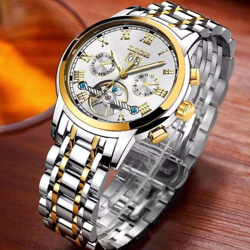 LIGE Fashion Men's Mechanical WristWatches Business Waterproof Tourbillon Watch Men Top Brand Luxury Automatic Watches For Men