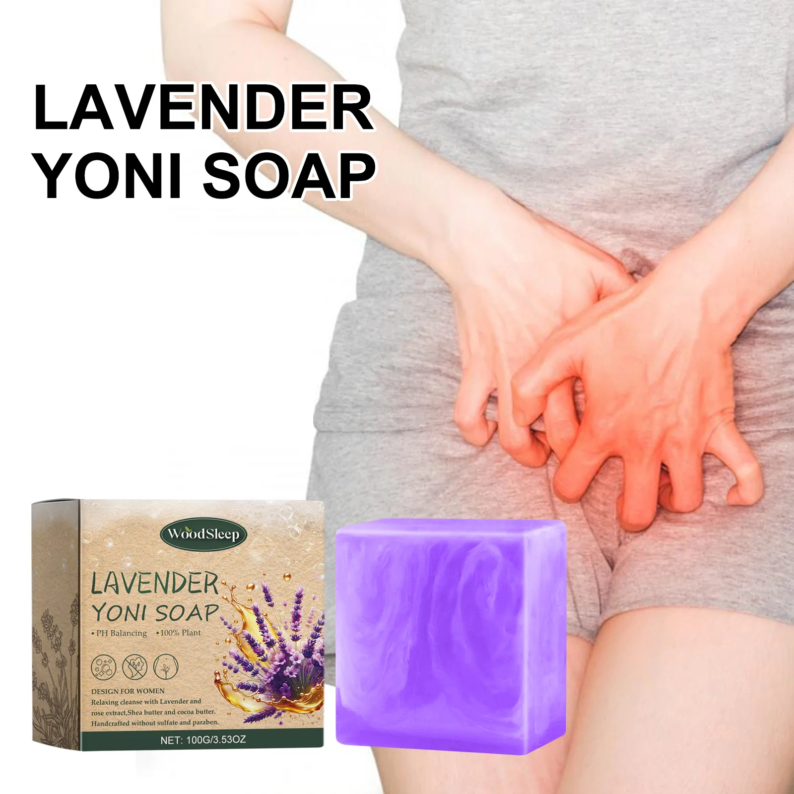 WoodSleep Jabón en barra Yoni hecho a mano para mujer Lavado vaginal, Jabón para vagina Equilibrio de pH - Jabón de lavanda para el cuidado vaginal 100 g