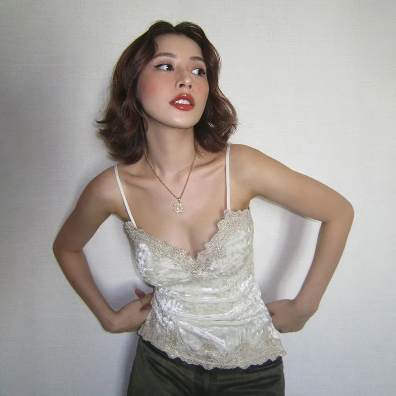 French retro velvet lace small suspender women's interior sexy backless lace V-neck vest base short top