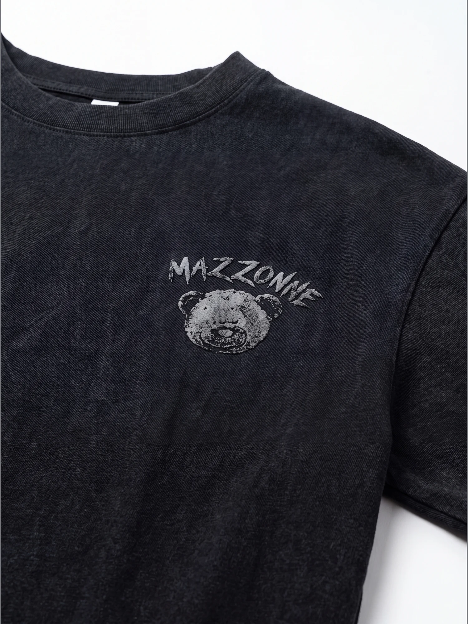 MAZZONNE Washed Black Graphic T-Shirt, Teddy Bear Front and Back Print, Cotton Blend Short Sleeve Crew Neck Streetwear Tee H