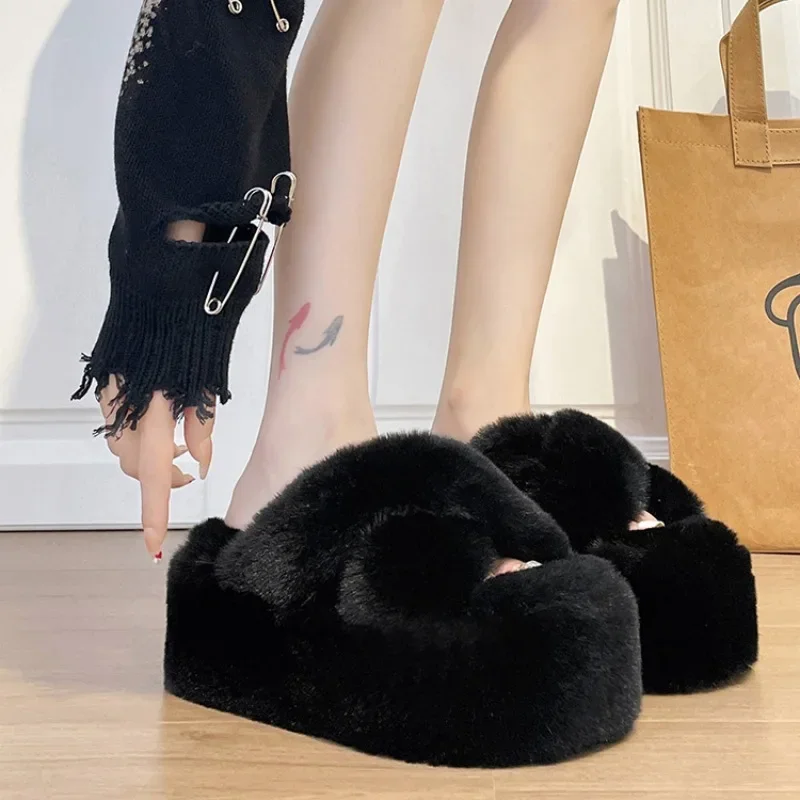 7 cm Platform fluffy slippers women's criss cross fur slides woman winter warm furry flip flops female house slipper