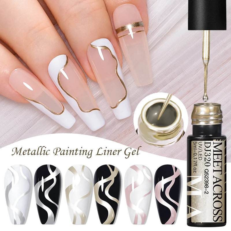 MEET ACROSS Gold Metallic Painting Liner Gel Nail Polish Super Bright Mirror Graffiti Drawing Stripe French Style Nail Art Tools