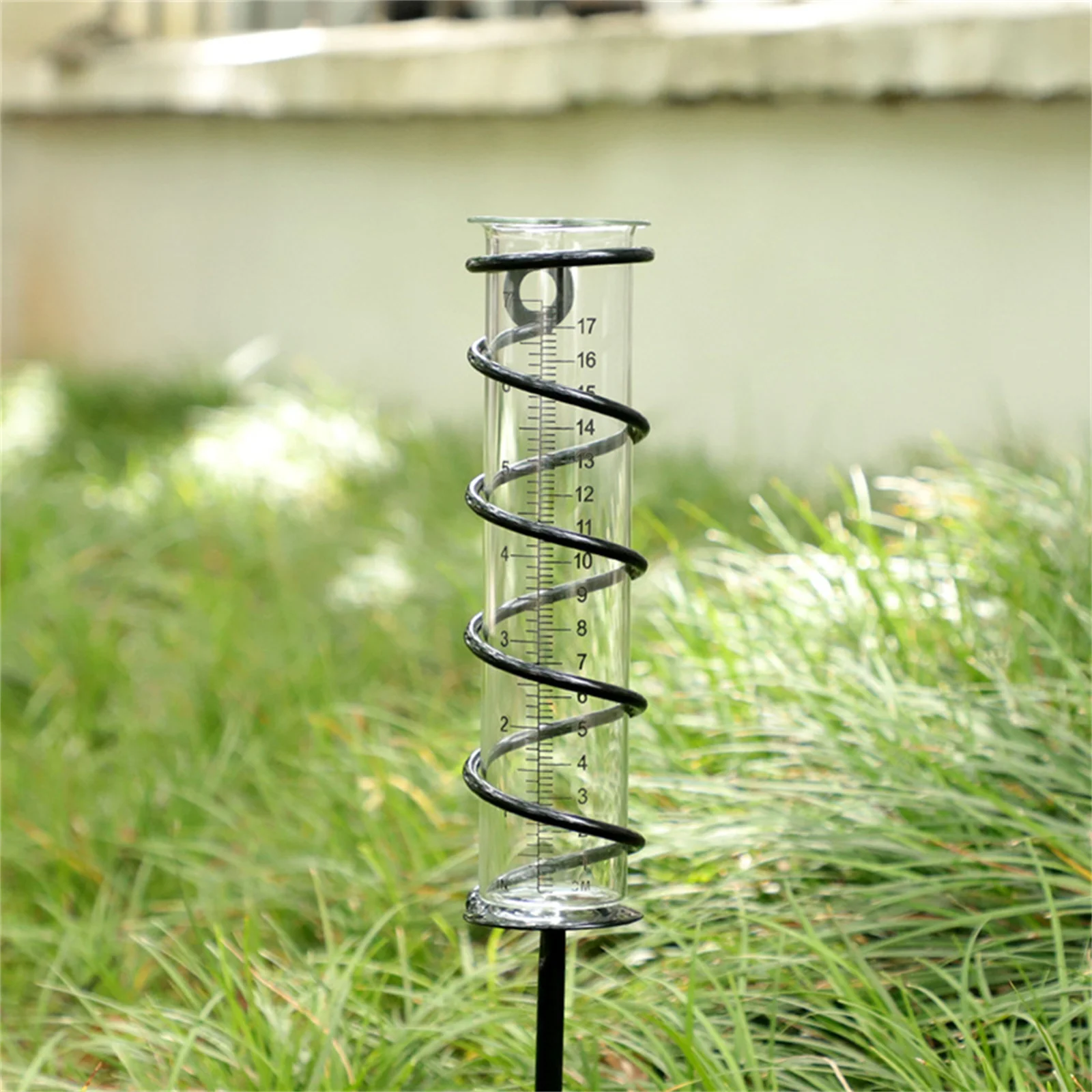Clear Glass Rain Gauge for Garden Homeowners Precise 5 Inch Rainfall Measurement Tool Spiral Stake Outdoor Weather Monitor