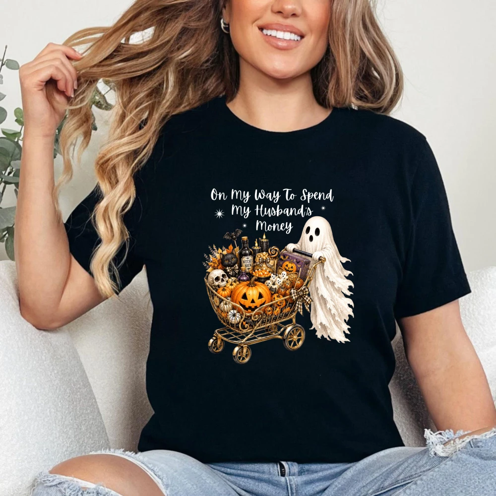 Funny Halloween Shirt On My Way To Spend My Husbands Money Retro Ghost Shopping Tee Humor Wife Halloween Streetwear Cotton Tops
