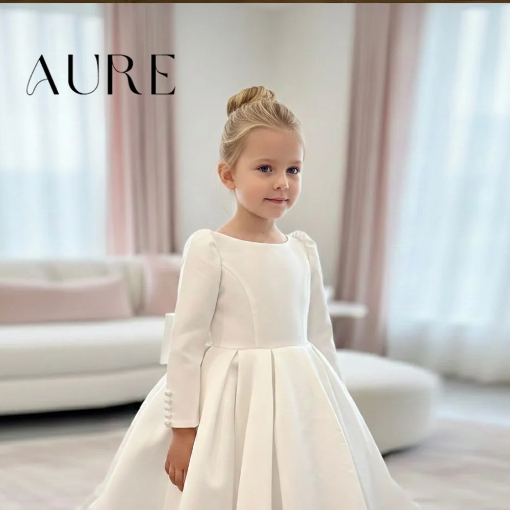 Aure Customized Princess Flower Girl Dress With Long Sleeves Button Wedding Party Dress First Communion Celebrity Event Birthday