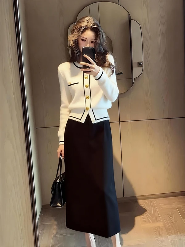 

Spring Knitted Open Cardigan Women's Sle Metal Bule White Color Faionable High-End Feel Outerwear Top Ladies' Clothing