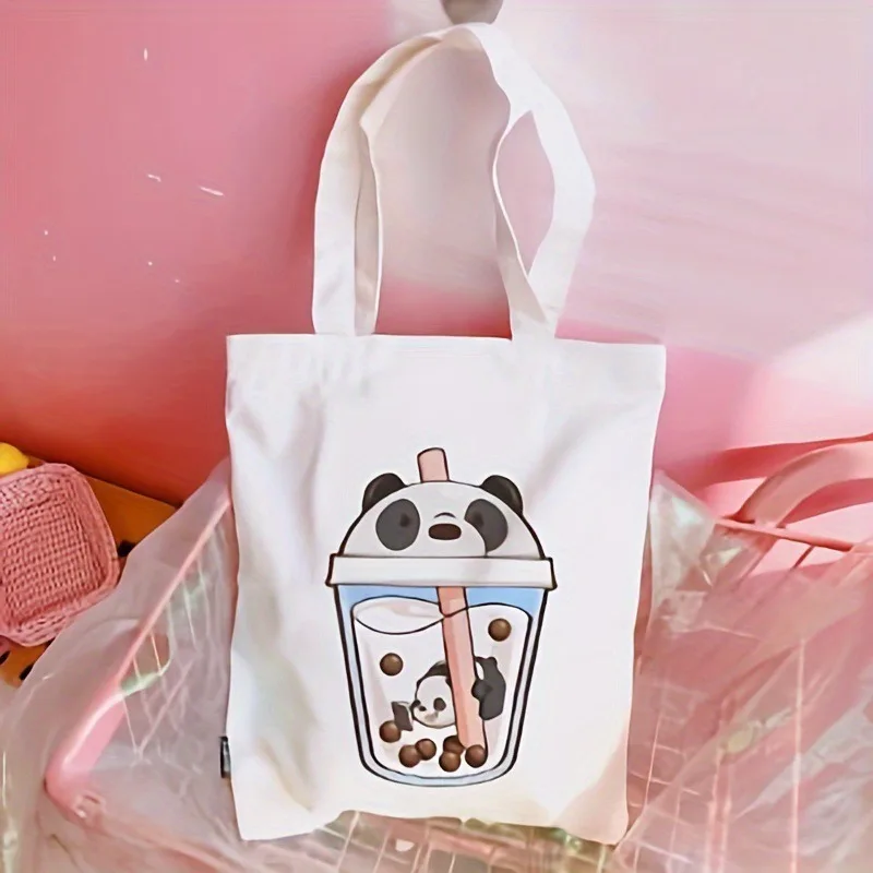

Bolso grande de lona para mujer bolso grande de hombro con Panda té de la leche taza de dibujos animadosperlas Bobaindo