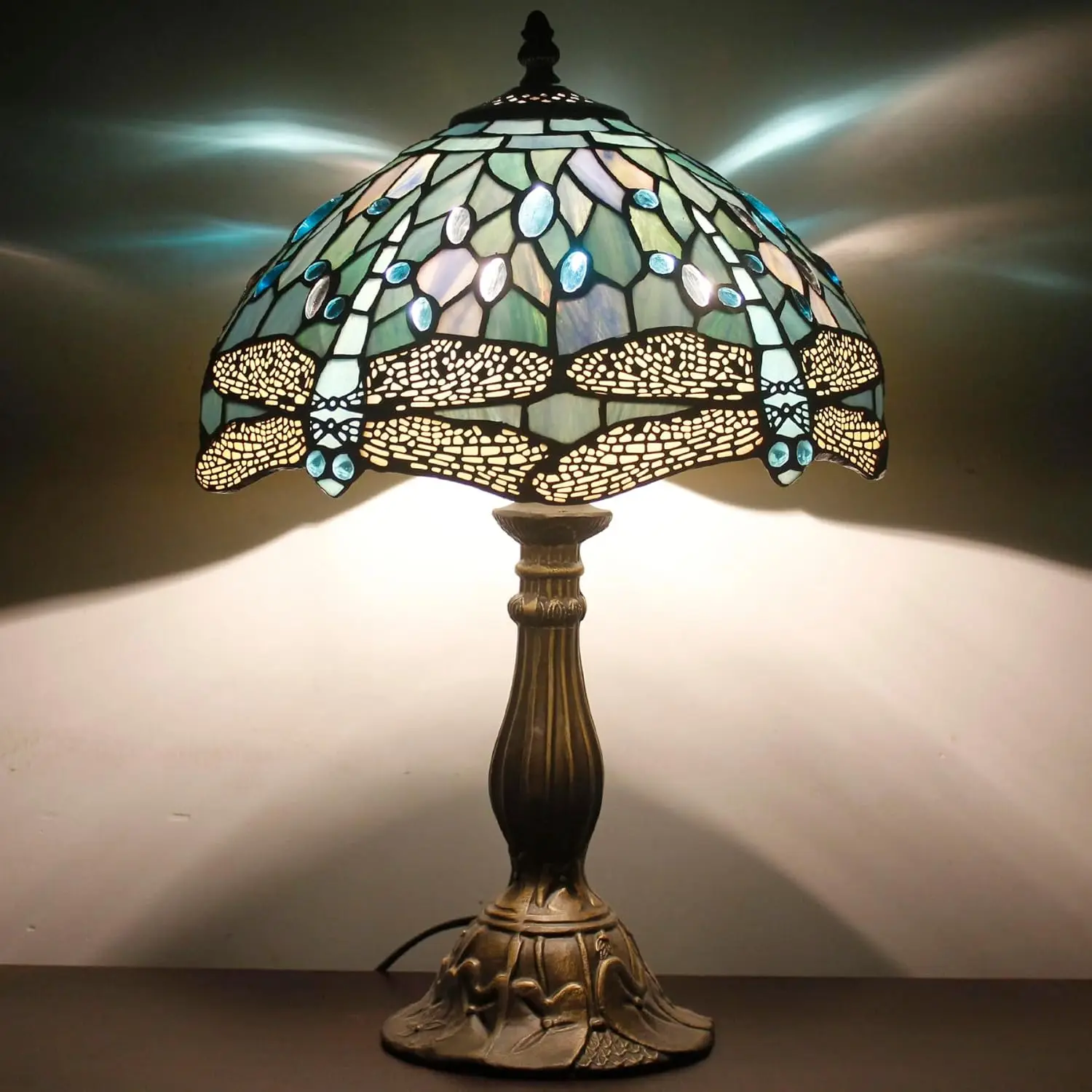 Tiffany Style Sea Blue Stained Glass Table Lamp with Dragonfly Design, 12x12x18 Inches, Desk Reading Light