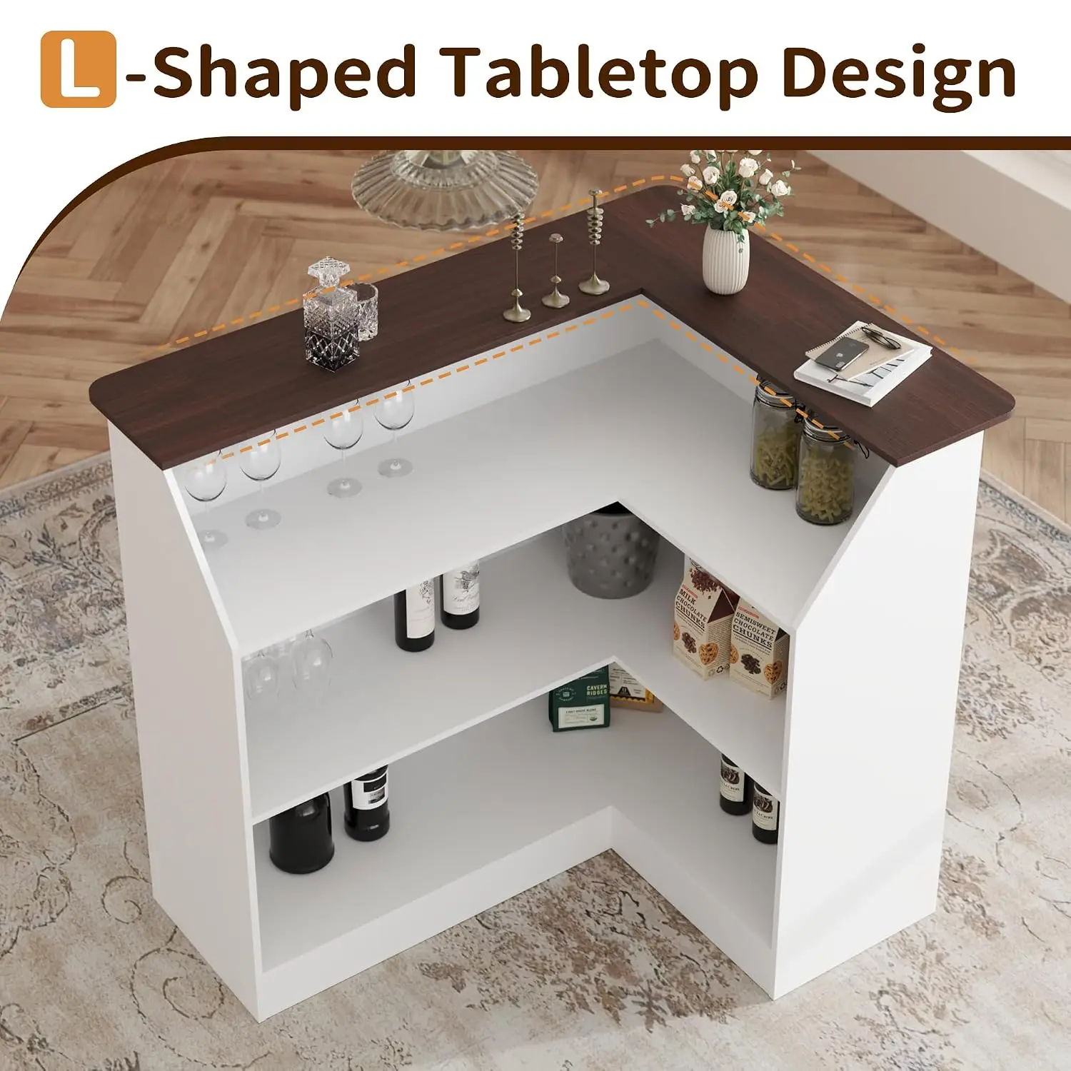 L-Shaped Bar Cabinet 4-Tier Corner Unit with Stemware Racks White, Customized