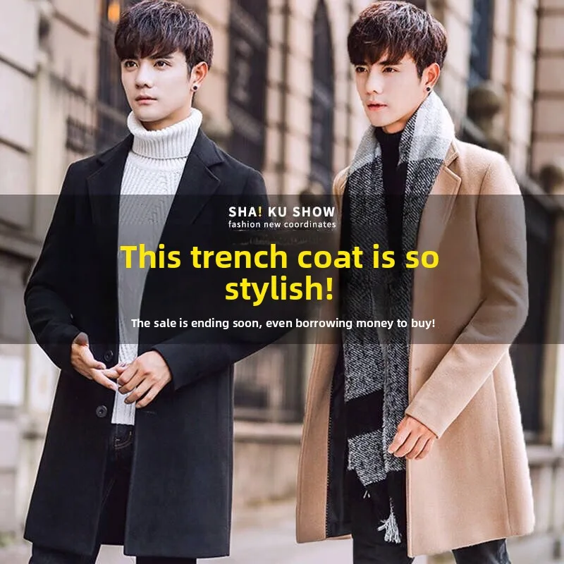 

Мужское шерстяное пальто средней длины, приталенное, осенне-зимнее, корейское, Jaet Briti Sle для подростков и студентов, модная верхняя одежда...