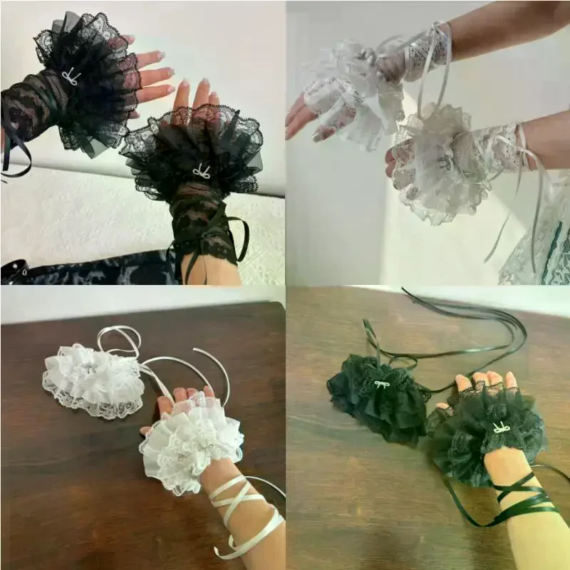 سترة الفتيات الإناث مزينة الأكمام وهمية الجوف خارج الكروشيه الأزهار الدانتيل القرن الأصفاد التطريز الإنتفاضات المرنة #2