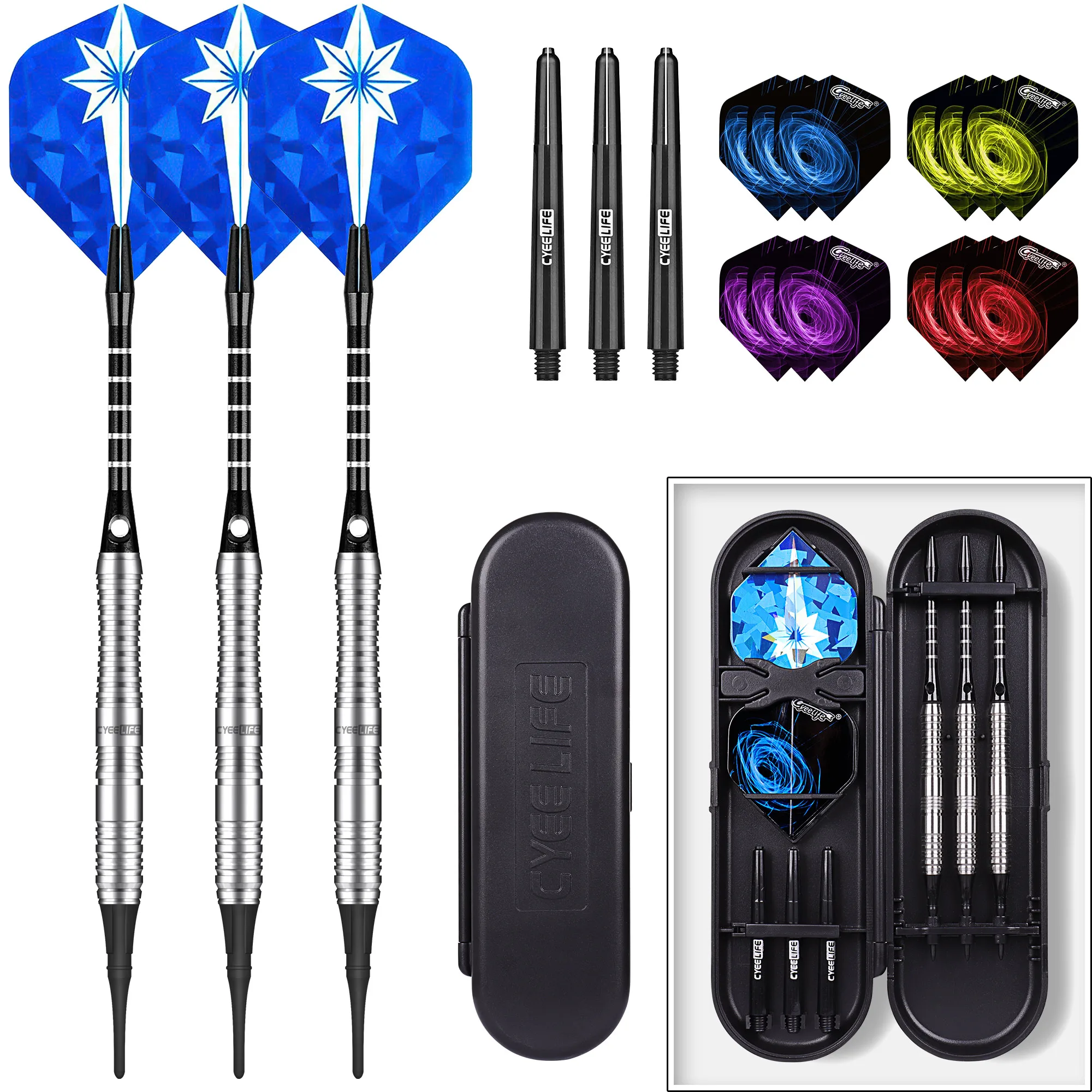 

CyeeLife 18g Professional 90% Tungsten soft Tip darts with case,3 plastic points+15 Flights+3pcs Aluminium Shafts +3 PC Shafts