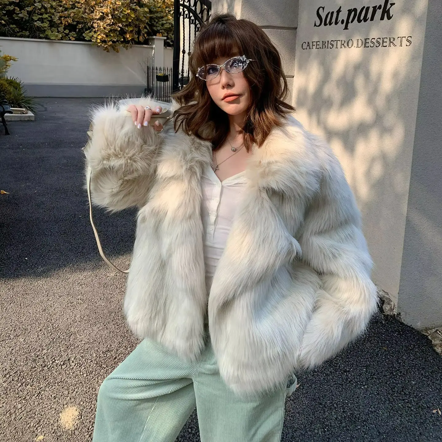 Vintage Winter Women Beige Long Hairy Fox Faux Fur Coat Notched Collar Long Sleeve Warm Shaggy Jacket Loose Short Outerwear