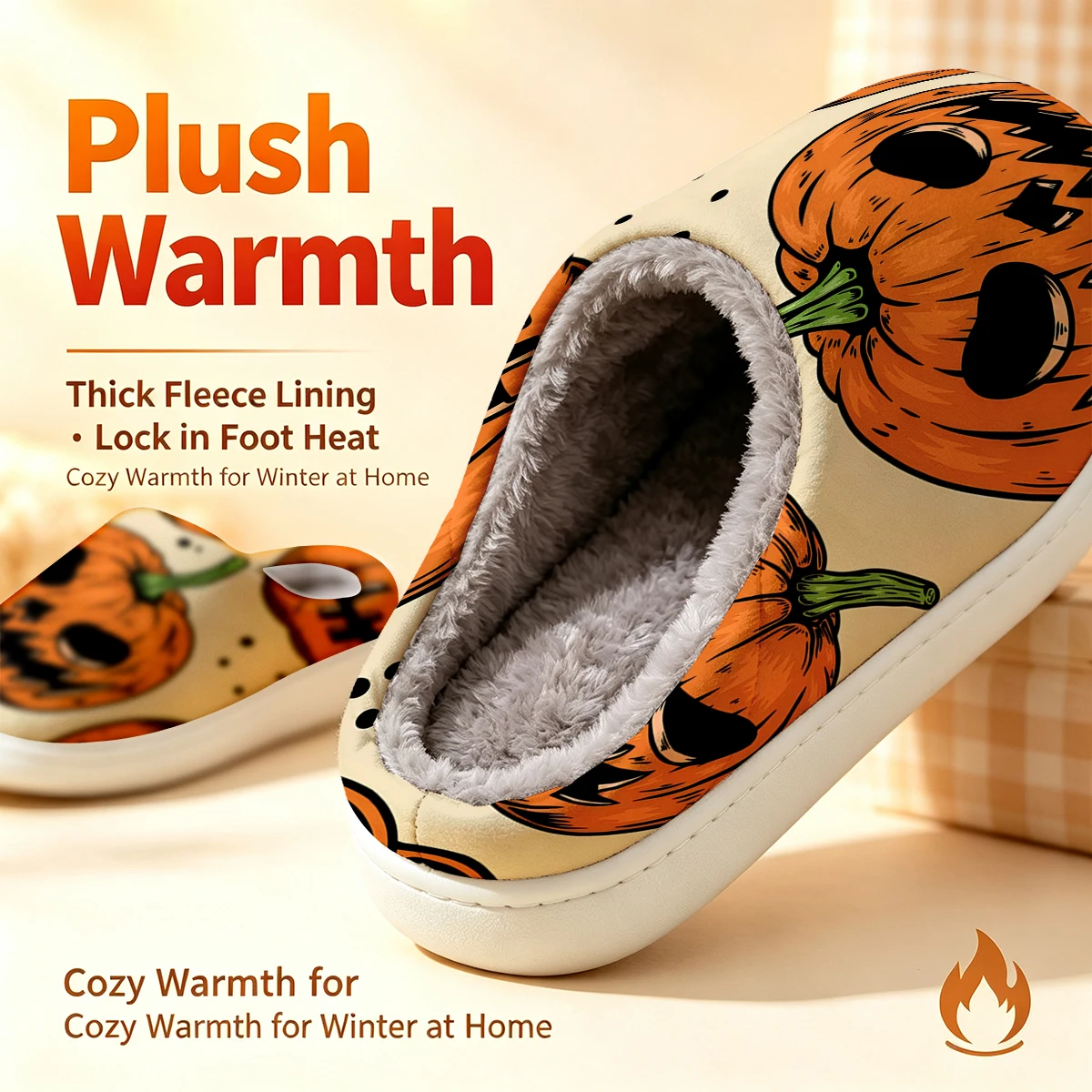 Halloween Pumpkin Print Christmas White Slippers Warm Plush Indoor Shoes Non-Slip Winter Slippers Family Holiday Gifts Soft