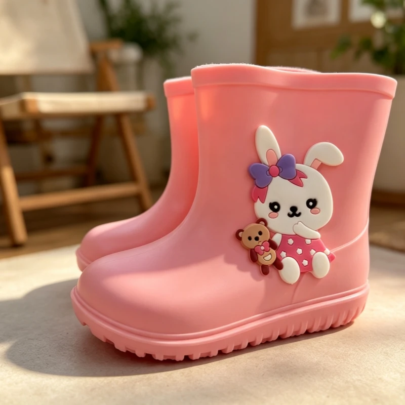 A Pair of Cute Rabbit Rain Boots for Girls, New Summer Style, Lightweight Casual Pink Cartoon Shoes, Waterproof and Wear-Resista