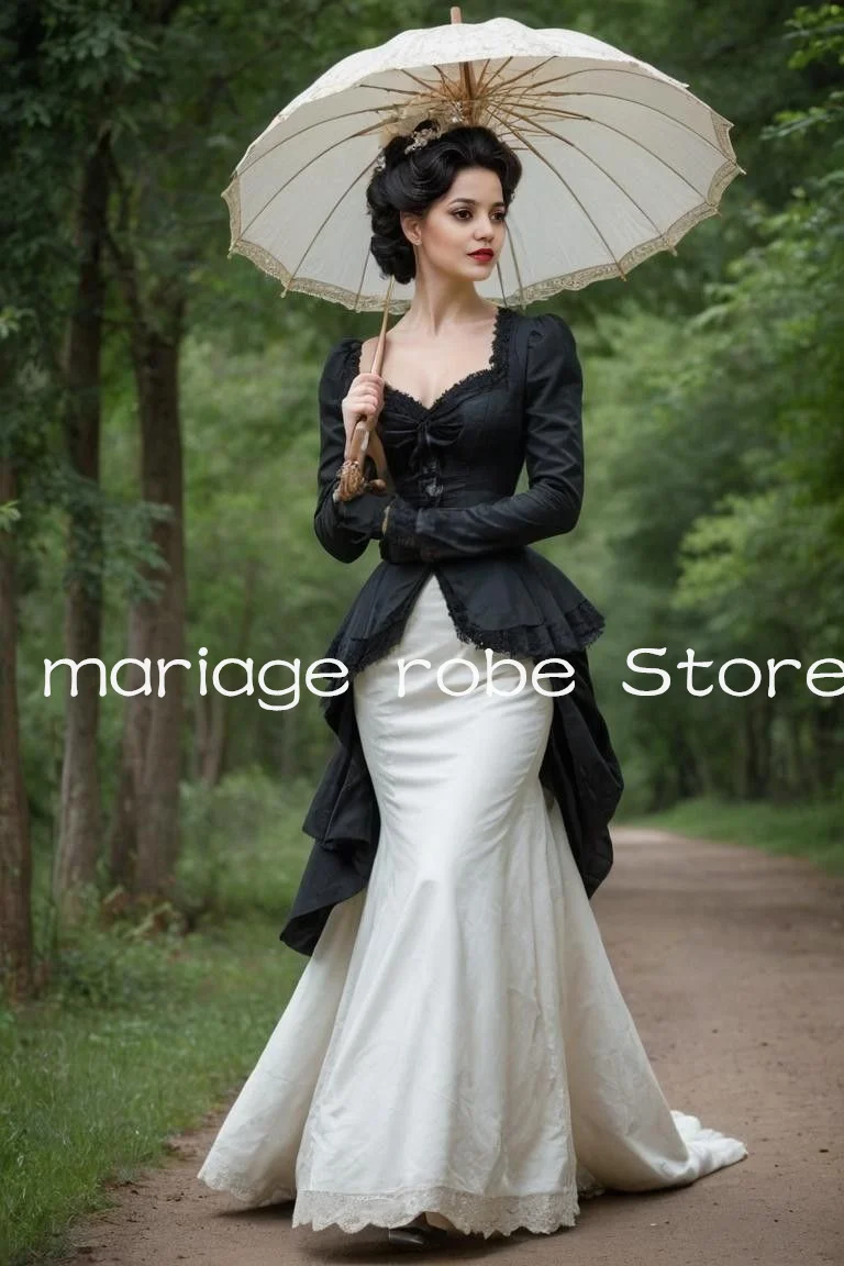 

Black White Mermaid Nostalgic Victorian Prom Dresses Long Sleeve Corset Lace-up civil war Walking Evening Gown Customsized