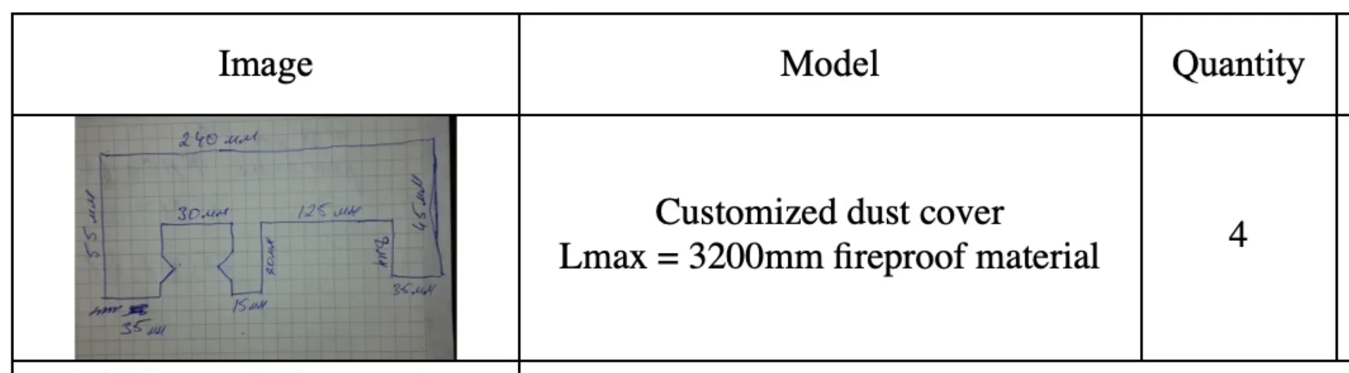 Customized dust cover Lmax =3200mm fireproof material 4pcs