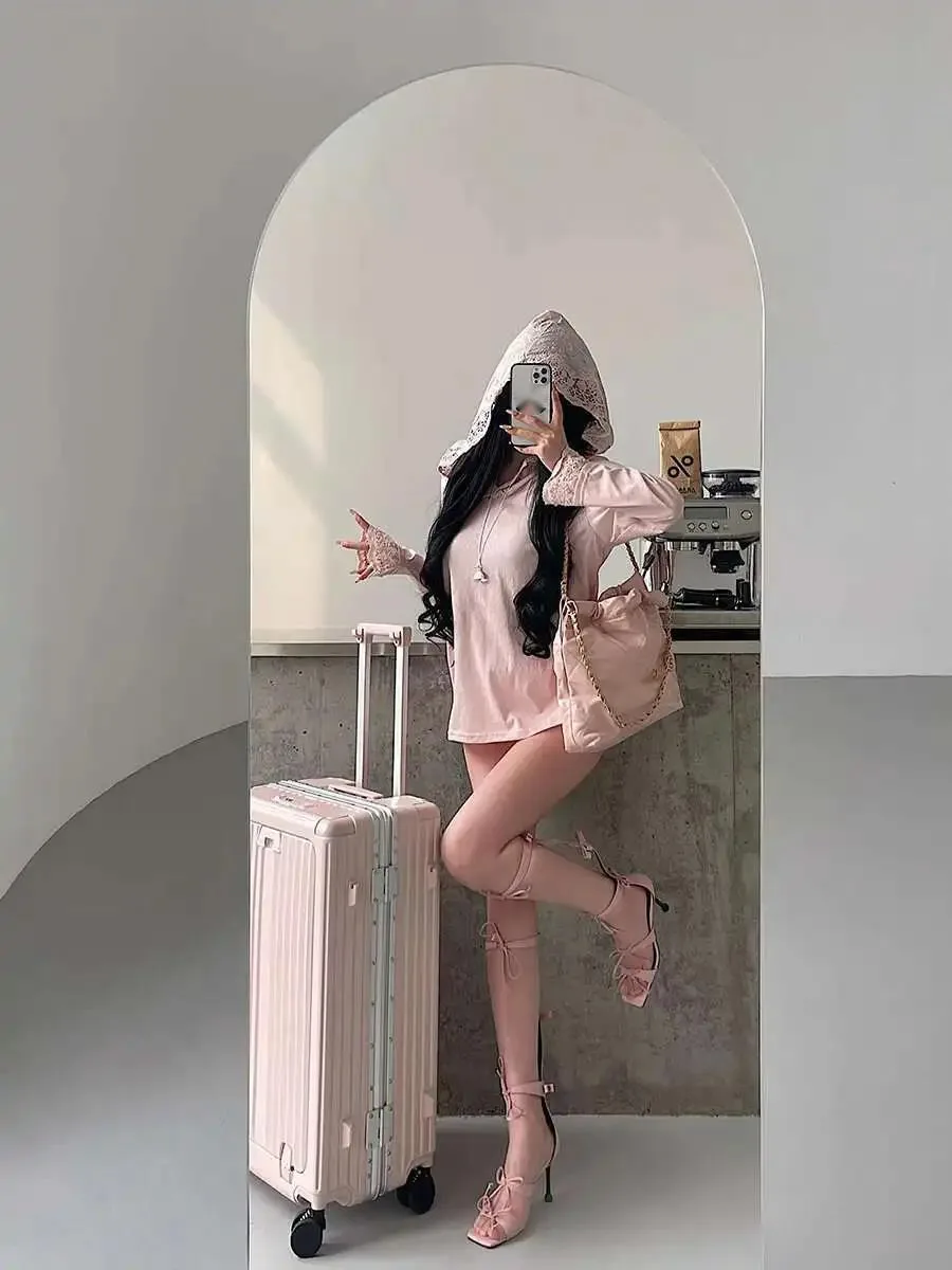 Pure Desire Lace Splicing Hoodie Loose Slim Long Sleeve T-shirt Top For Women Dress Elegant Fashion Sweet Women Tops 0XLW