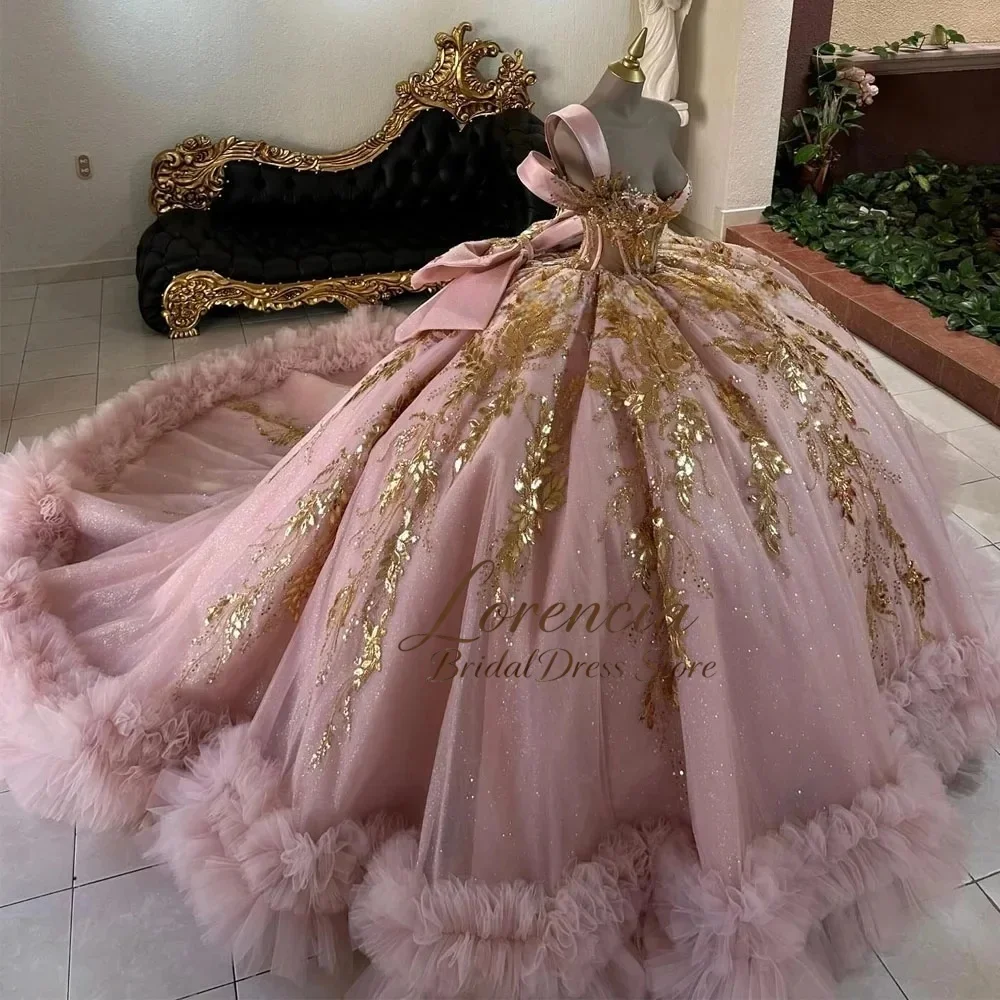 Customized Elegant Quinceanera Dress Golden Lace Applique Beaded Mexico Pearls Sweet dress vestidos de 15 quinceañeras