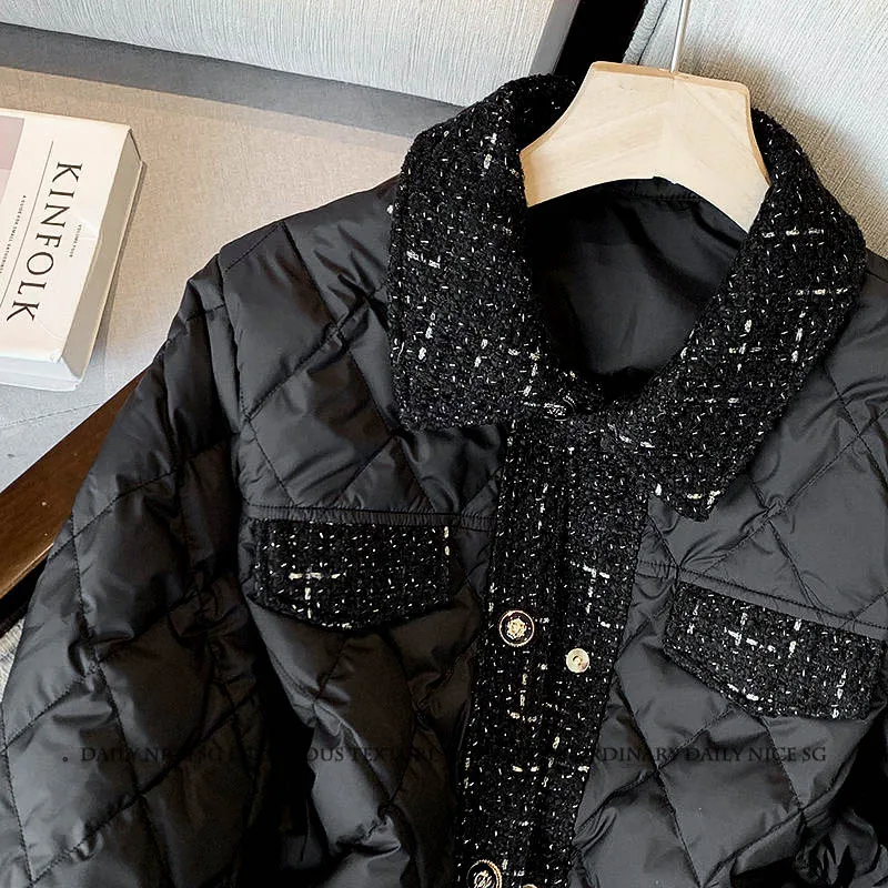 

Зимние модные черные короткие парки для женщин, легкая стеганая куртка в стиле ретро с хлопковой подкладкой, свободная теплая верхняя одежда с лацканами