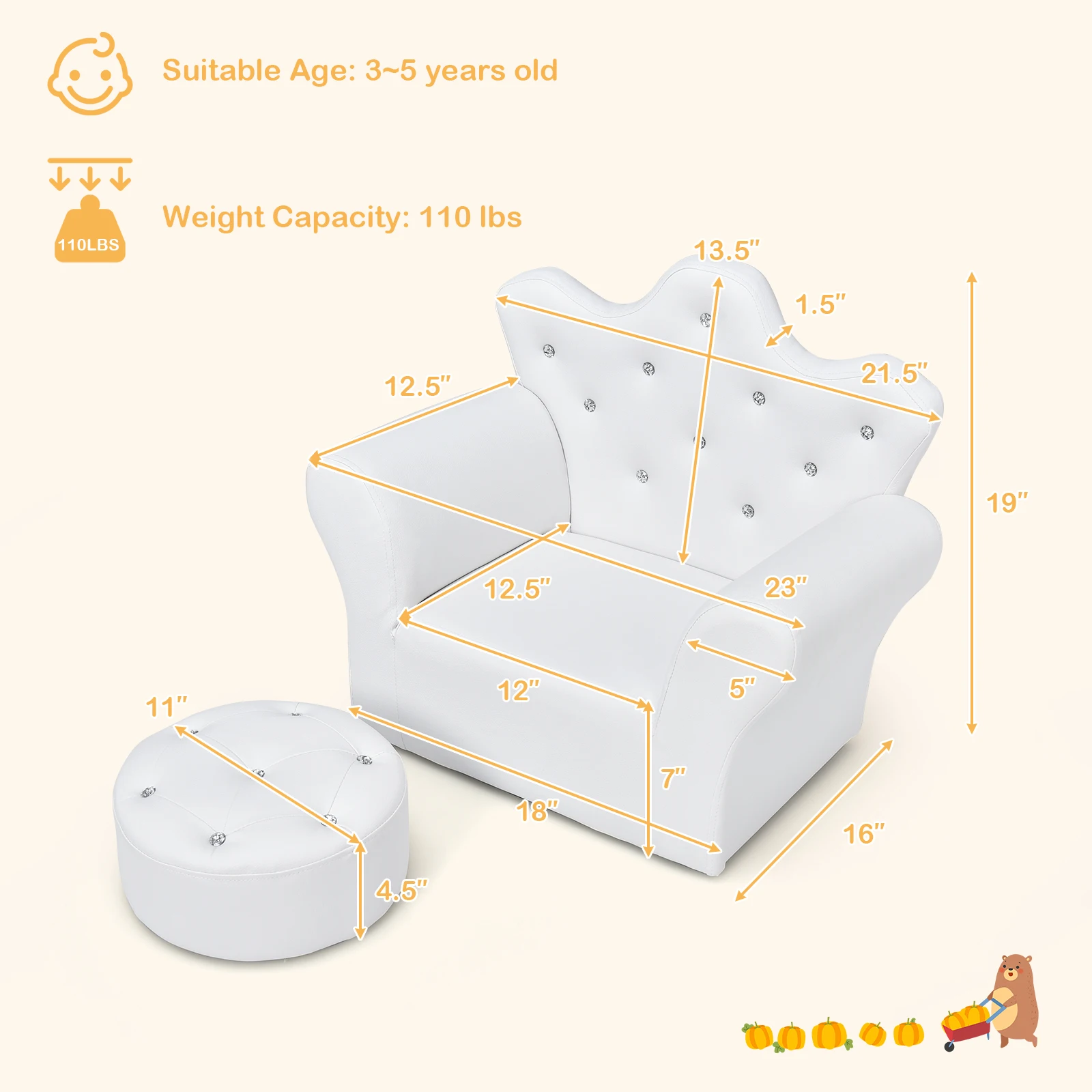 Honeyjoy Kids Sofa Armrest Chair Couch Children Toddler Birthday Gift w/ Ottoman