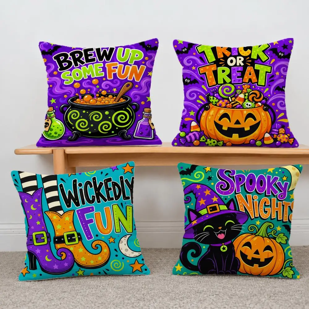 Spooky Art Halloween Colorful Witch Ghost Cushion Cover Short Plush Pillowcase, Sofa Bedroom Home Decor & Holiday Gift