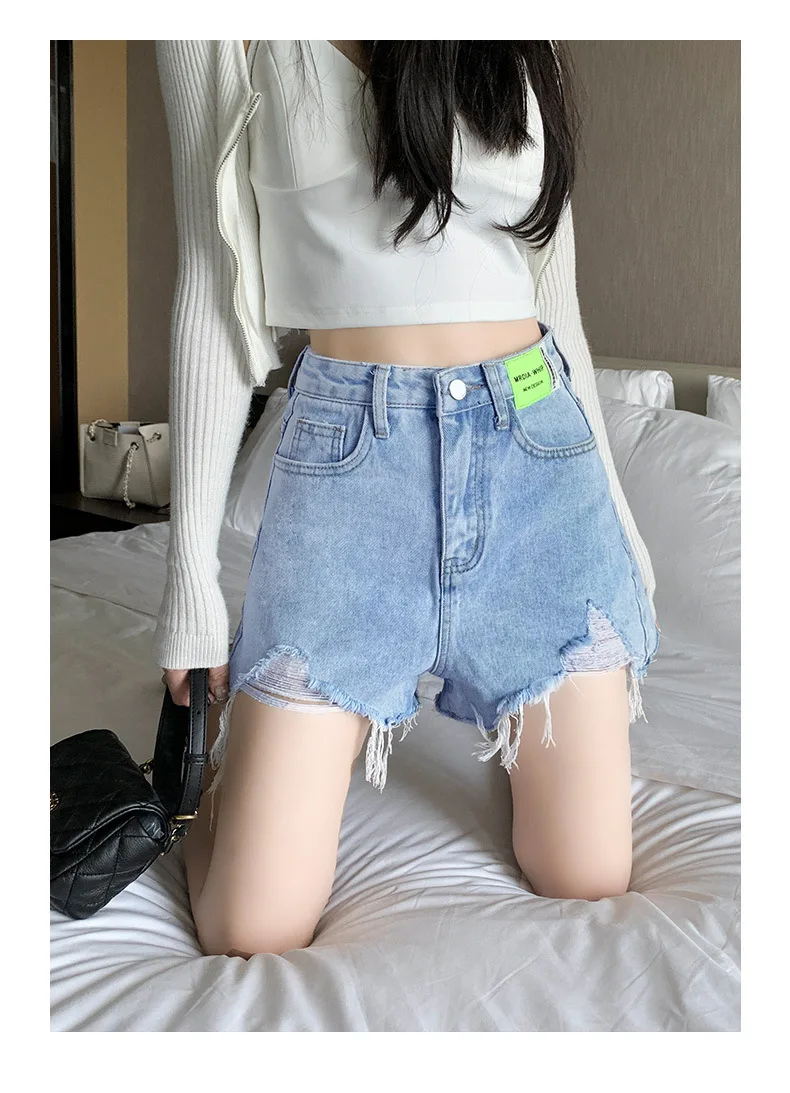 Black Hole Denim Shorts Women Summer High Waist Raw Edge Contrasting Colors Hot Shorts Fashion Sexy Slim Straight Jean Shorts