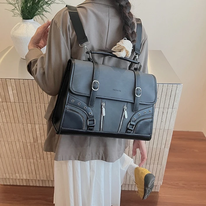 Retro PU Women's Backpack Fashion Commuter Daypack Preppy Style Handheld School Bag Shoulder Crossbody Bag Flap Zipper Rucksack