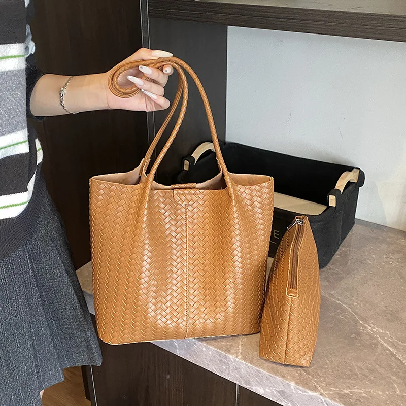

2025 Korean Woven Tote Set Mother Daughter Bag Vintage Summer Vintage Tote Set Woven Texture Versatile