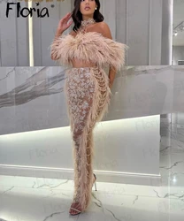 Dusty Pink Feather Formal Evenining Dress Separately Two Pieces Beaded Cocktail Party Dresses Halter Backless Pearls Prom Gowns