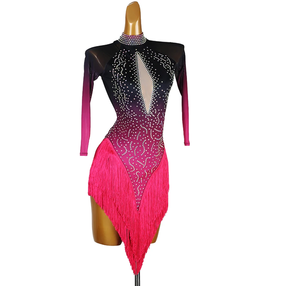 

New Latin Dance Competition dress Rhinestone Samba Performance Suit Gradient Women's 2025 Long Sleeve Practice Suit Tango