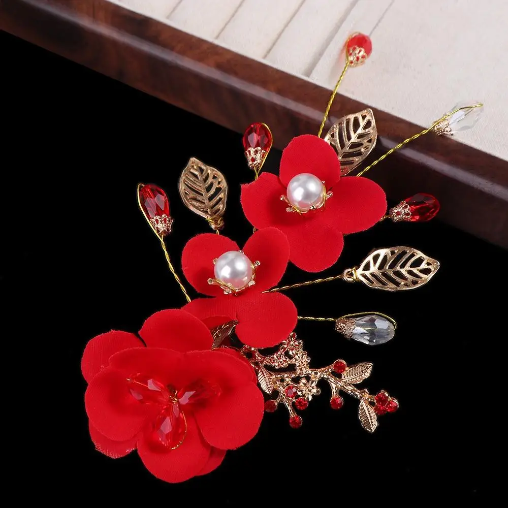 Sweet Retro Crystal New Year Leaf Pearl Red Flower Festival Hairpins Women Barrettes Duckbill Clips Chinese Hanfu Hair Clips