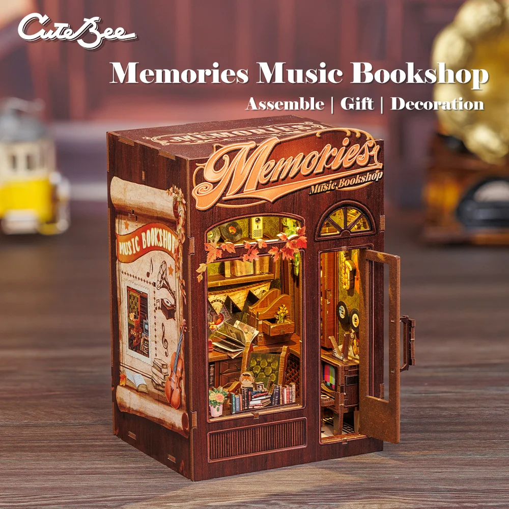 CUTEBEE DIY Book Nook Kit Miniature Wooden Dollhouse with Light Bookshelf Insert Decoration for Gifts Memories Music Bookshop