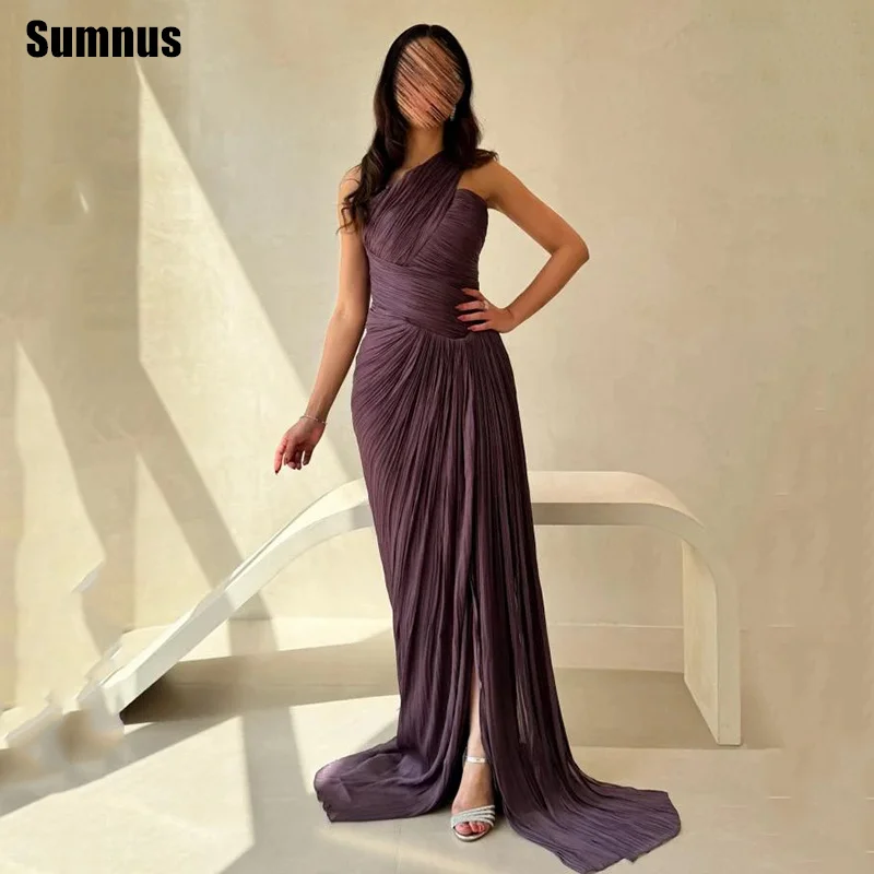

Sumnus Elegant Mermaid Prom Dresses One Shoulder Pleats Side Slit Floor Length Formal Evening Dresses Vestidos Customized