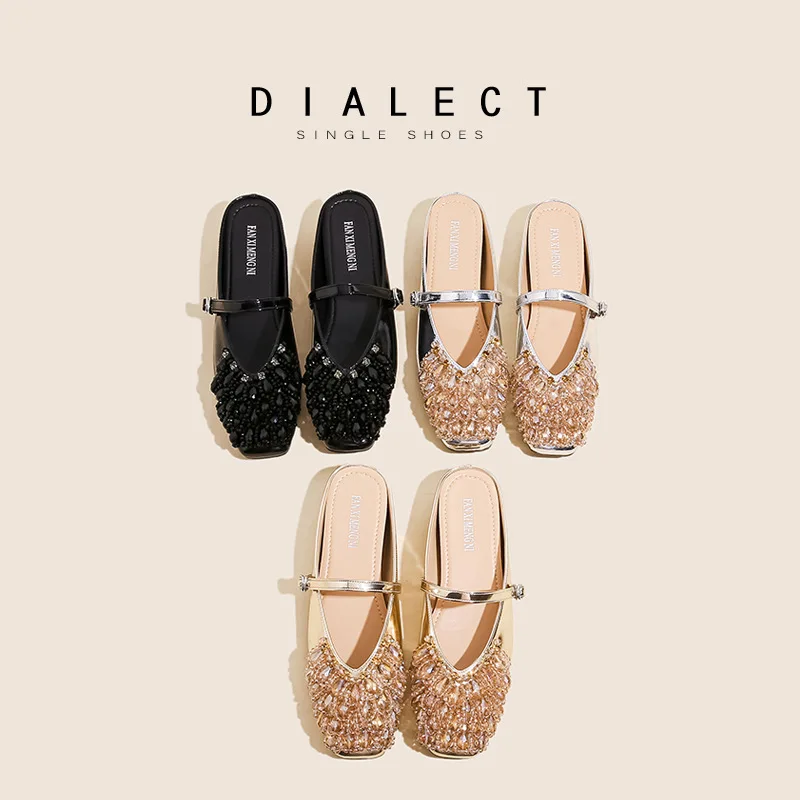 

Женские туфли на плоской подошве с квадратной головкой, украшенные кристаллами, уличные тапочки с открытым носком, модная женская обувь с пряжкой