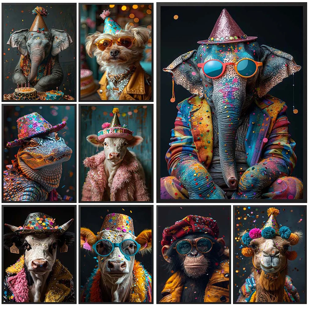 Funny Elephant Bull Dog Animals Birthday Party Wall Pictures For Living Room Nordic Poster Wall Art Canvas Painting Unframed