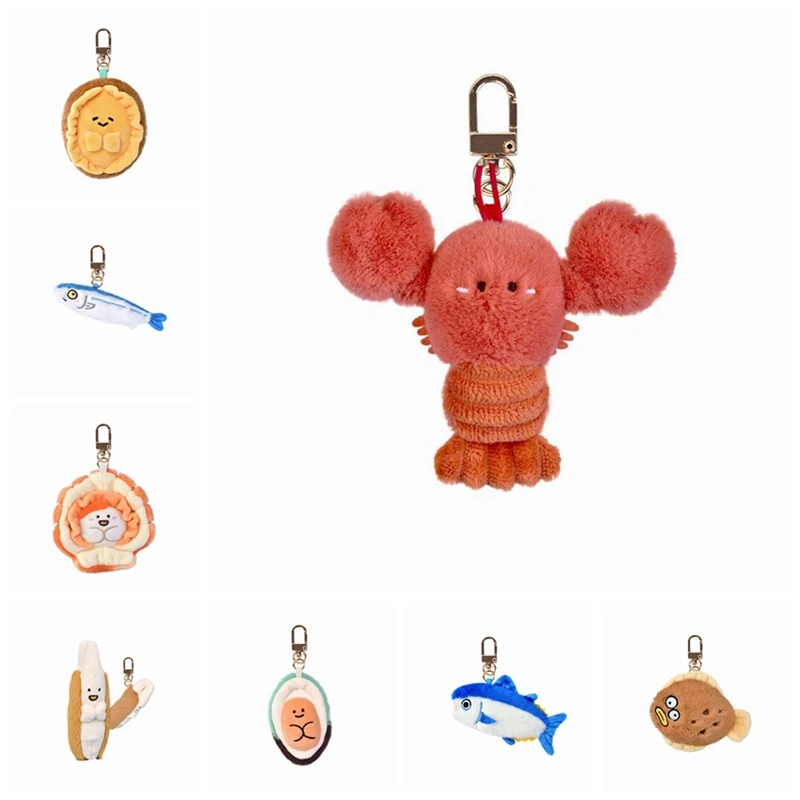 8-10cm Cute Seafood Plush Keychains Lobster Abalone Clam Turbot Sea Urchin Mini Bag Charms Kawaii Stuffed Toy Gift For Girl Boy