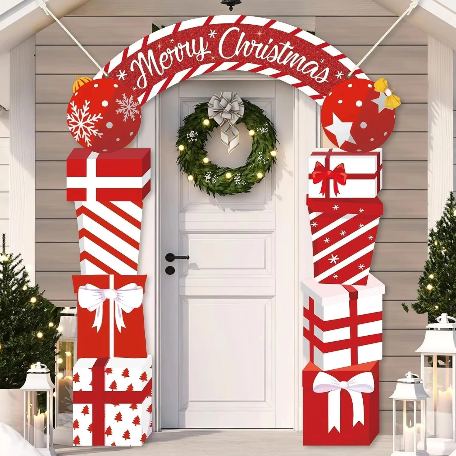 Xmas Hanging Decoration Red Porch Sign Christmas Door Decoration Polyester Front Door Banner For Christmas Party Home Decoration