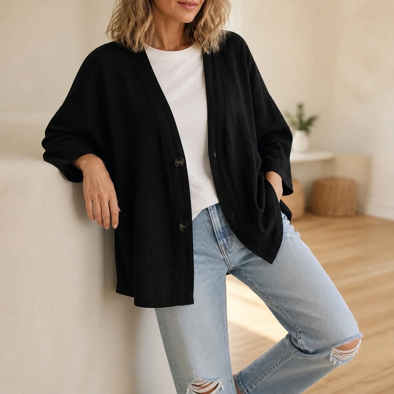Women's Spring Blouse V Neck Three Quarter Sleeve Button Front Solid Color Relaxed Fit Single Breasted Demi-Season Jacket
