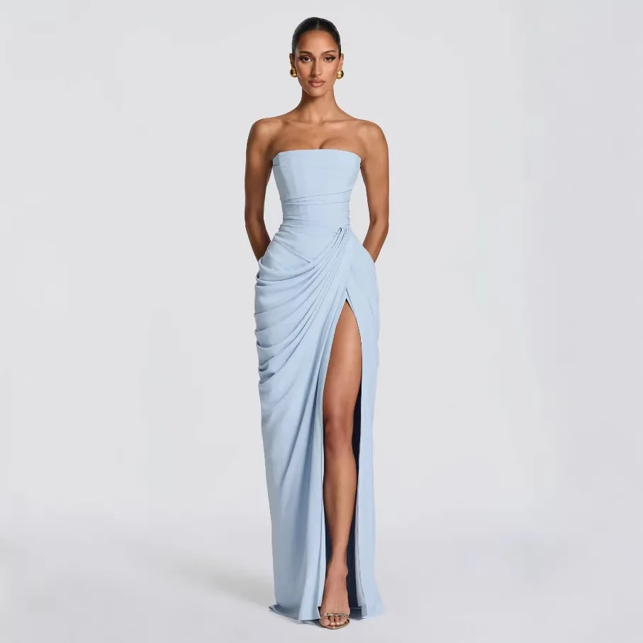

Women's Elegant High-Waisted Ball Gown with Ruffled Off-the-Shoulder Design and High Slit, Celebrity Style Long Dress