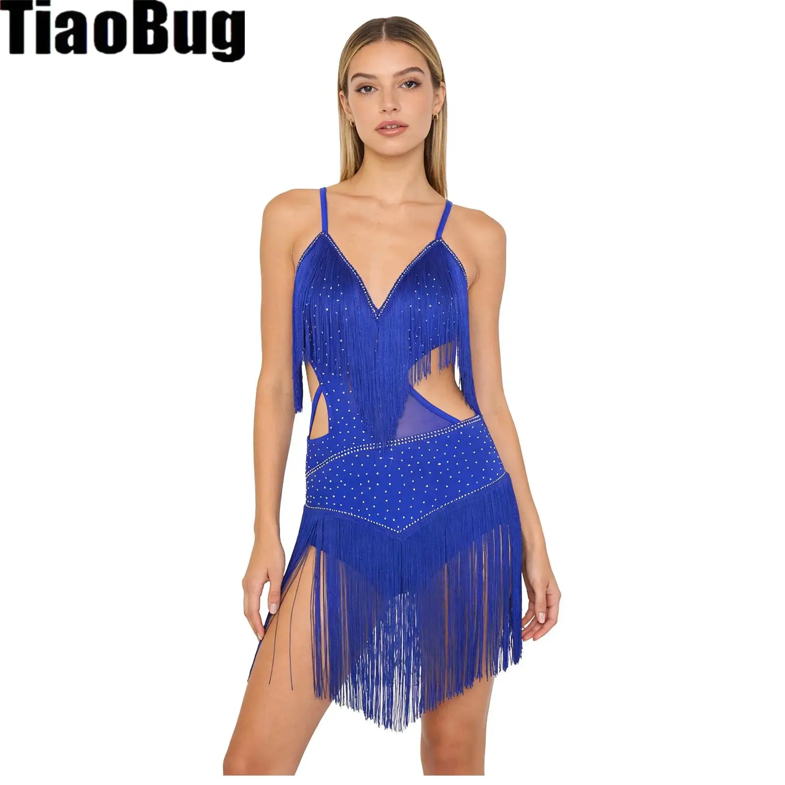 

Womens Latin Cha-cha Dance Dress Tassel Detail Shiny Rhinestone V Neck Backless Sling Dress for Rumba Salsa Tango Ballroom