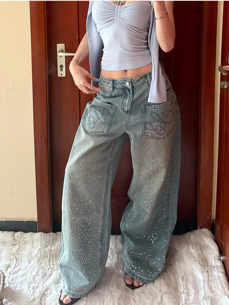 

Women's summer new item niche starry sky street spicy girl loose wide leg pants American style retro hot diamond jeans
