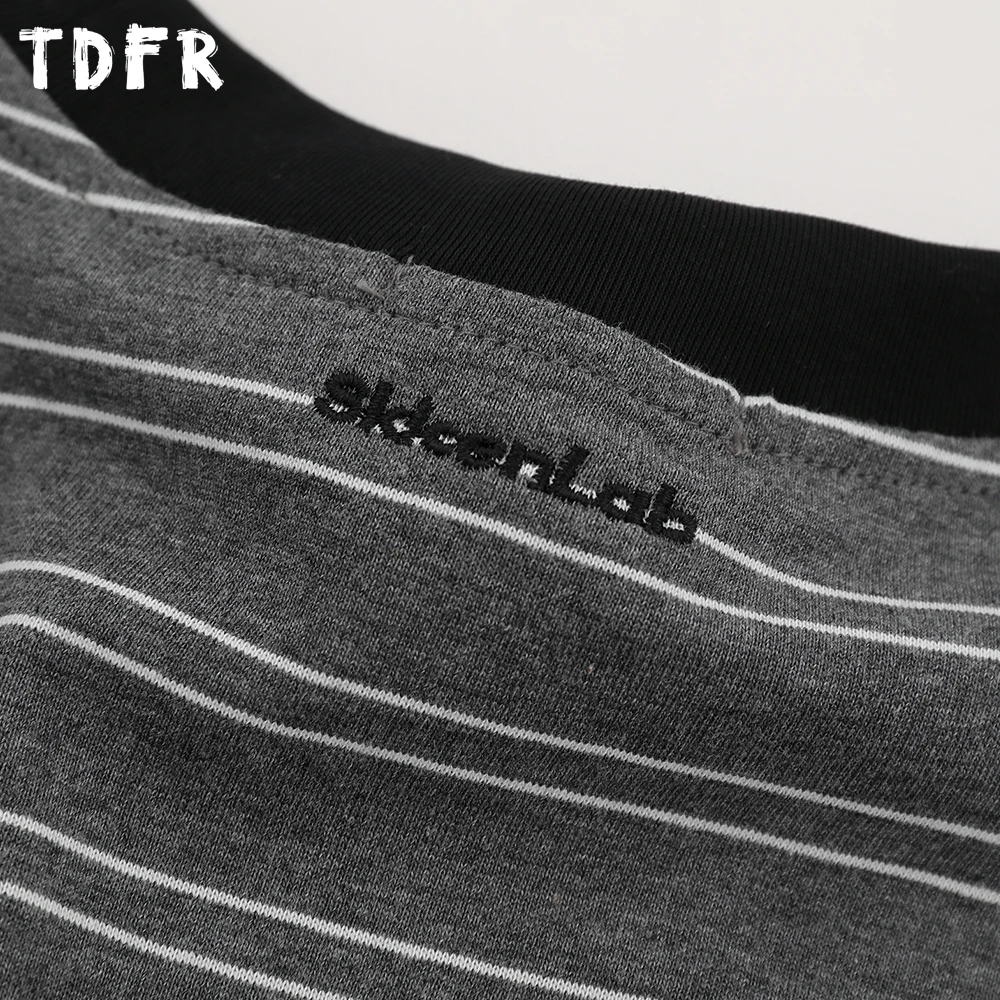 Kieszonkowa koszulka w paski męska z odpinanymi rękawami jesienna retro codzienna luźna koszulka z okrągłym dekoltem luźna bawełniana koszulka męska