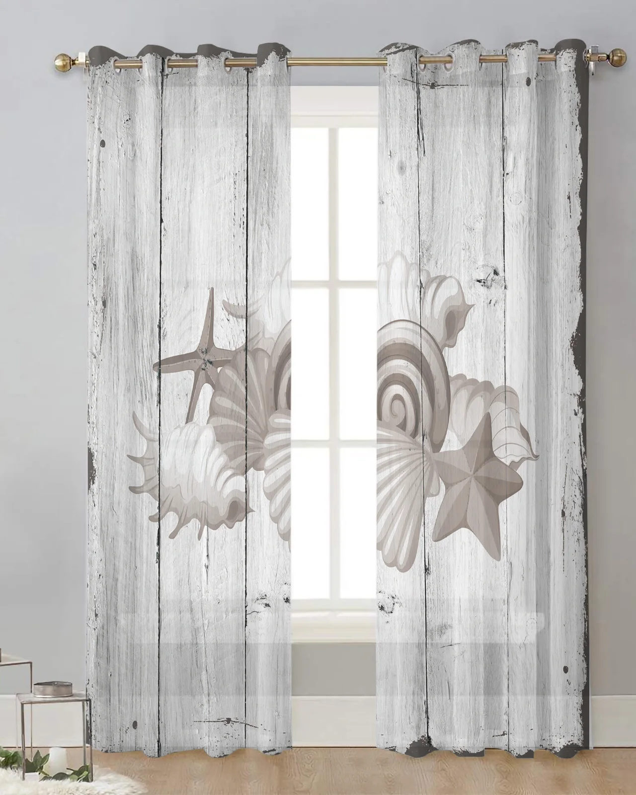 

Wood Grain Retro Starfish Shell Sheer Window Curtains Bedroom Living Room Tulle Curtains Voile Drapes for Kitchen