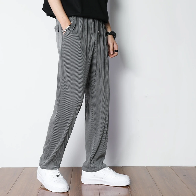 New Fashion Straight Pants Men's Loose Thin Section Drape Ice Silk Pants Wide Leg Sports Pants Solid Color Thin Casual Trousers