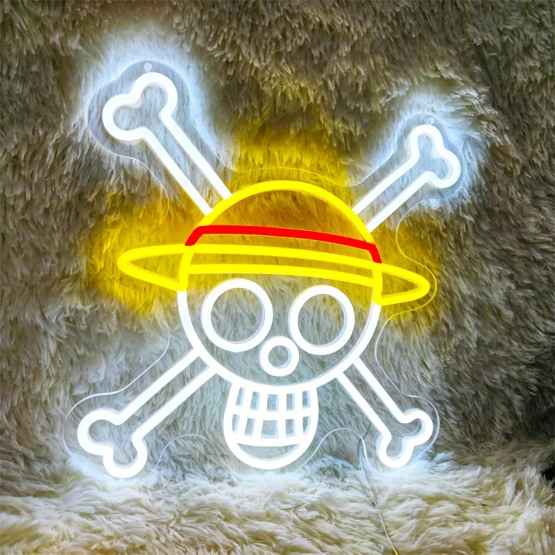 Neon Sign Anime Dimmable Luffy Skull Hat Light LED Kids Teen Bedroom Game Room Wall Bar Club Party Birthday Christmas Gifts